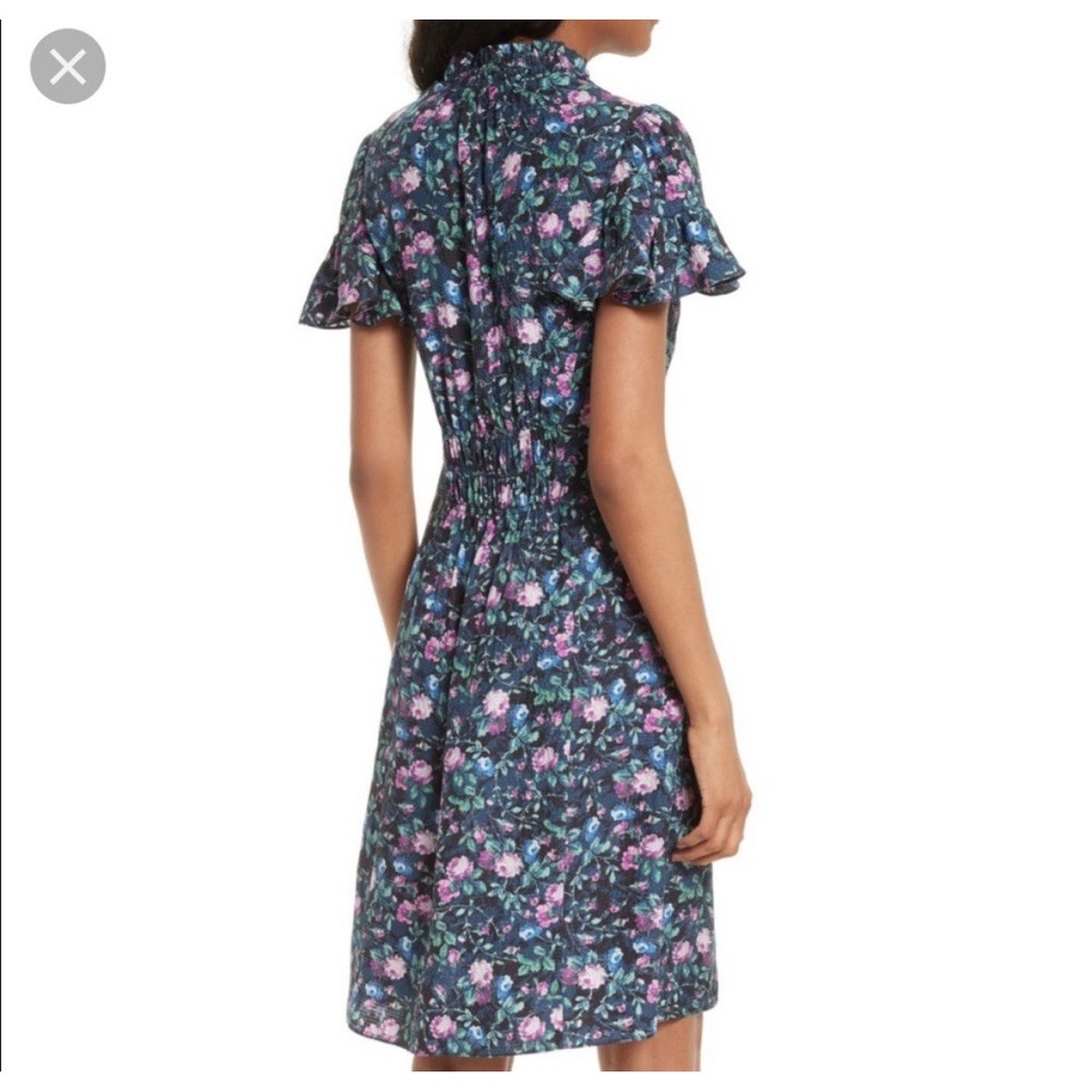 Rebecca Taylor Ruby Navy Floral Hammered Silk Mini Dress Size 2 Cottage Peasant - Picture 2 of 12